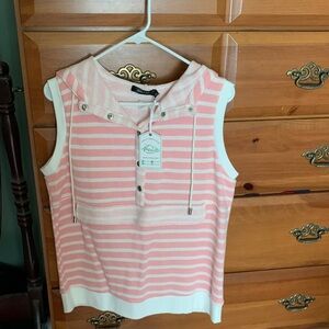 Doe & Rae Pink & White Striped Sleeveless Hooded Knit Top